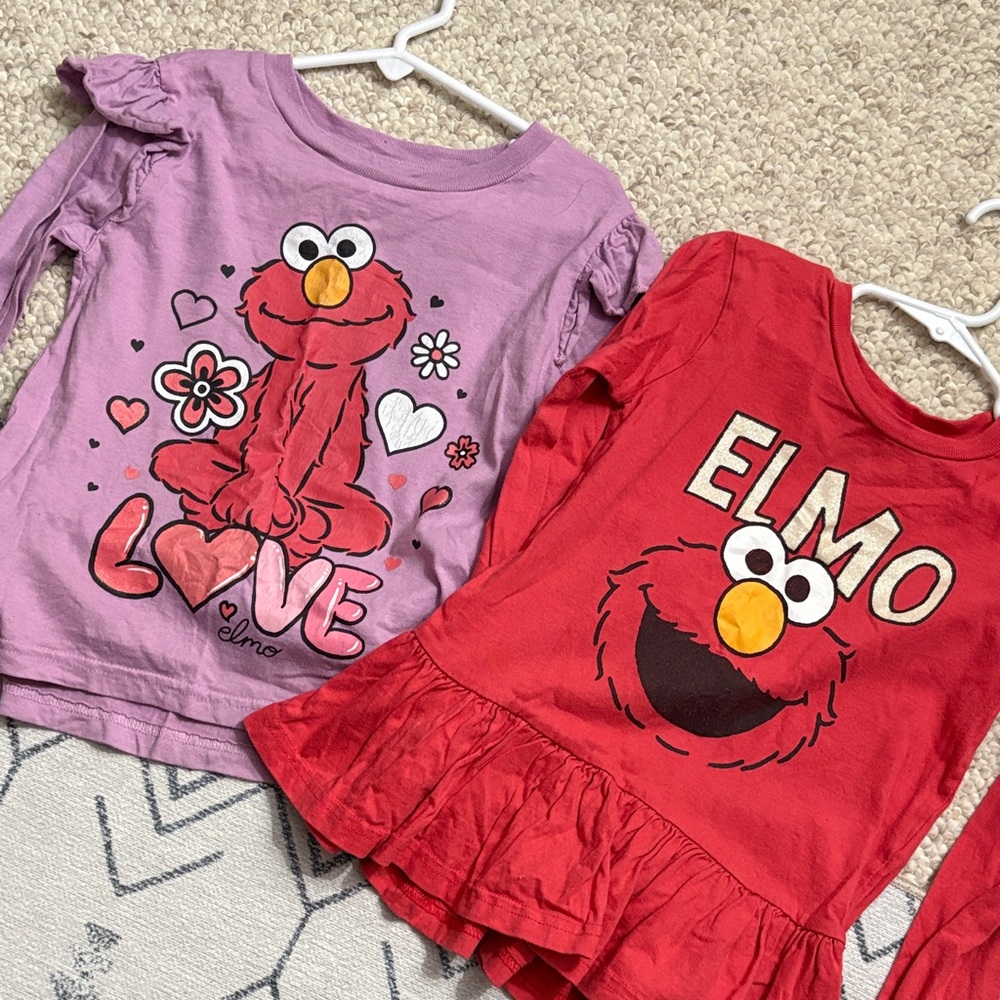 2 set - Girls Elmo Graphic Long-Sleeve Tops - Pink & Red